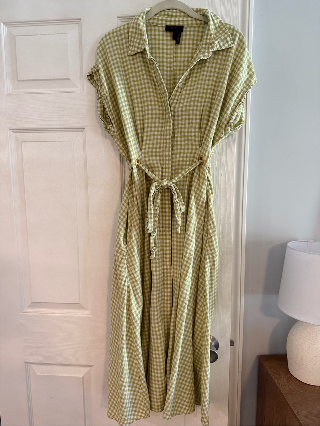 Donna Karan Light Green Gingham Tie-Waist Dress